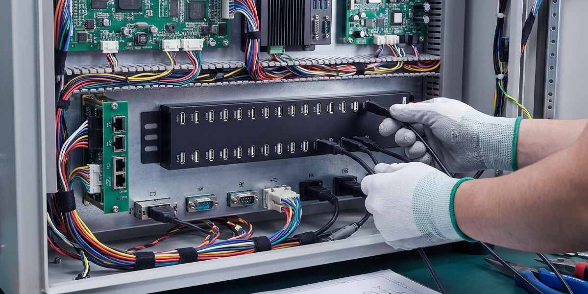Multi-port USB hub integrated into an industrial equipment control cabinet