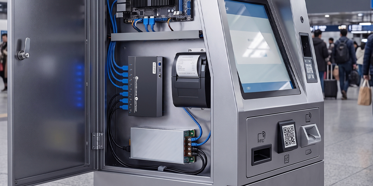 Industrial USB hub connecting peripherals inside a self-service kiosk