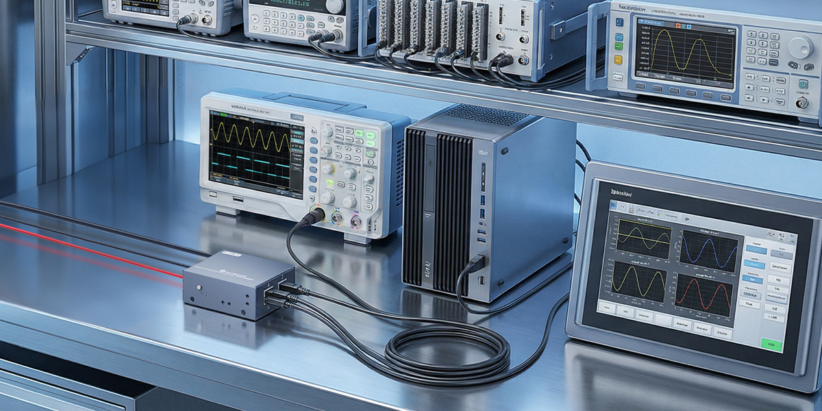 USB-connected instruments and equipment arranged on a laboratory test bench