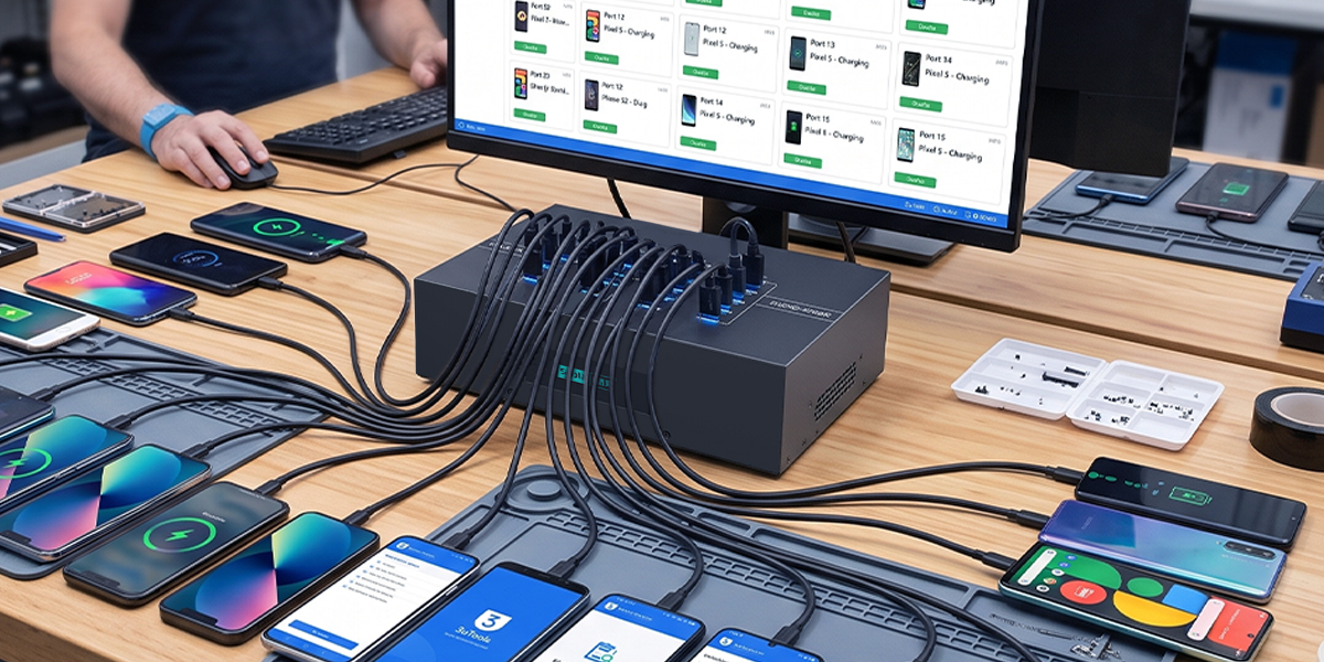 Multiple mobile phones connected to a USB hub at a device refurbishment workstation