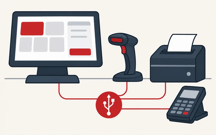 Retail terminal, scanner, printer and payment reader linked by an abstract USB symbol