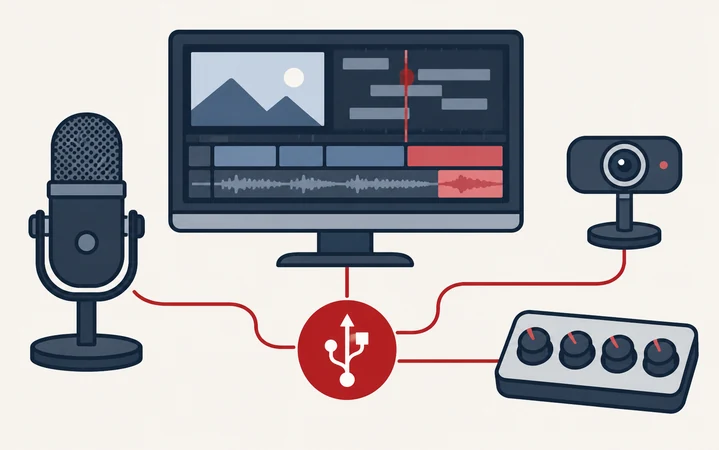 Video monitor, microphone, camera and audio controls linked by an abstract USB symbol