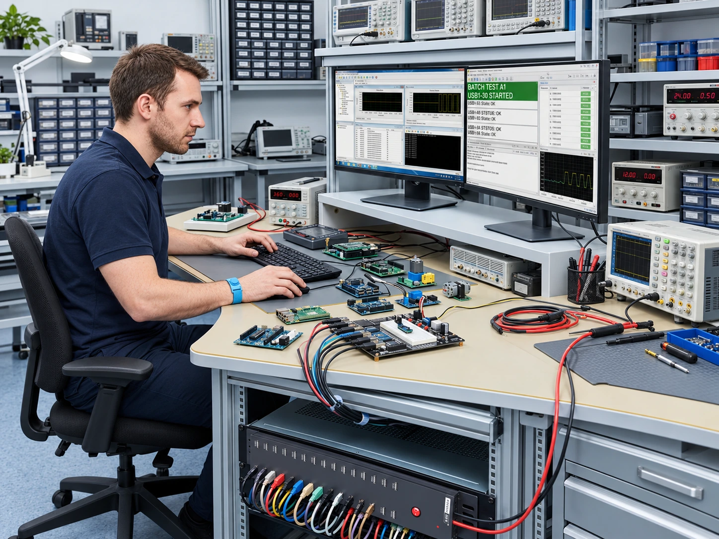 Engineer testing Sipolar industrial USB hub solution
