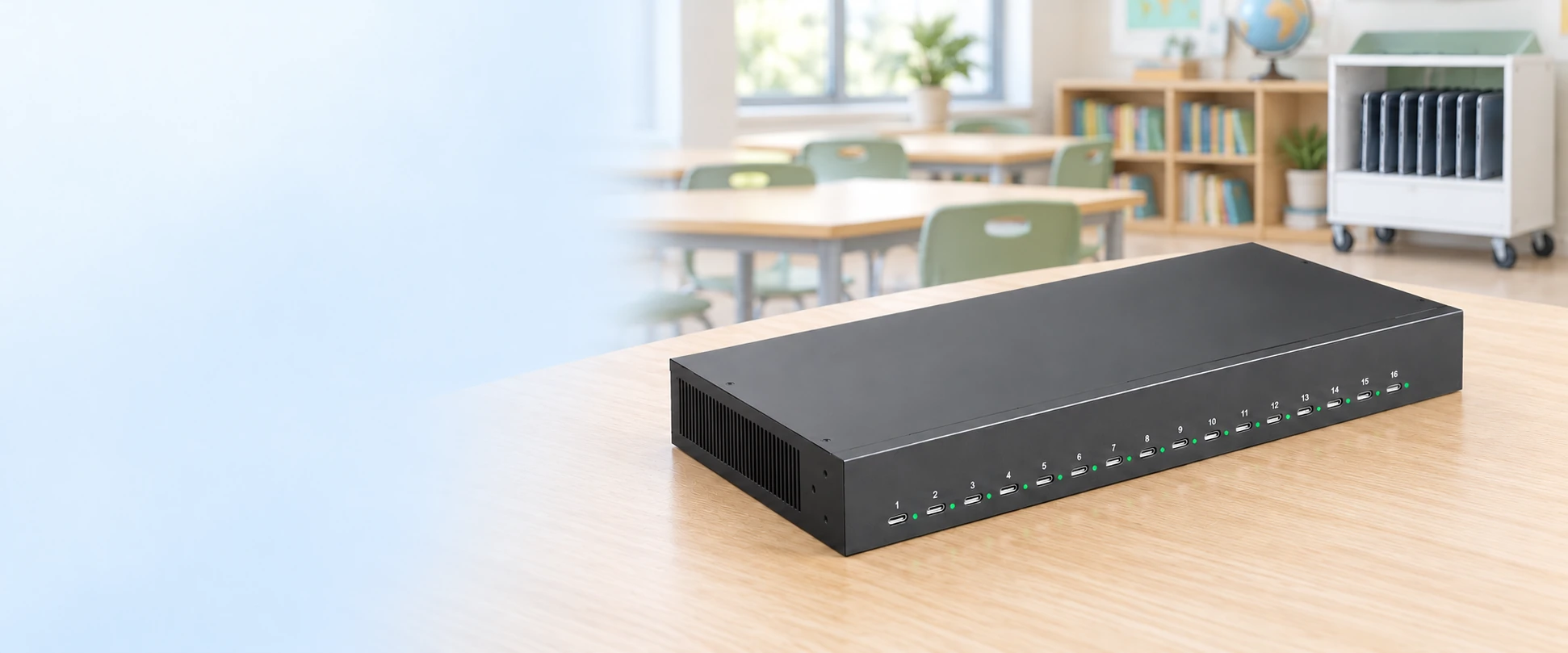 Sipolar C-166PD charging station in a classroom with a tablet storage cart; no rear device cables